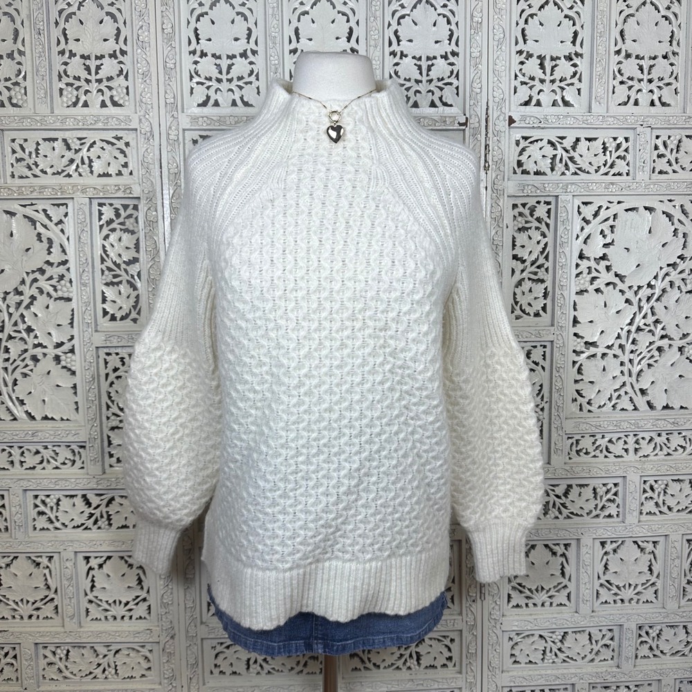 Anthropologie Cream Ivory Soft Bia‎ Mock Neck Bubble Sleeve Sweater Sz Medium